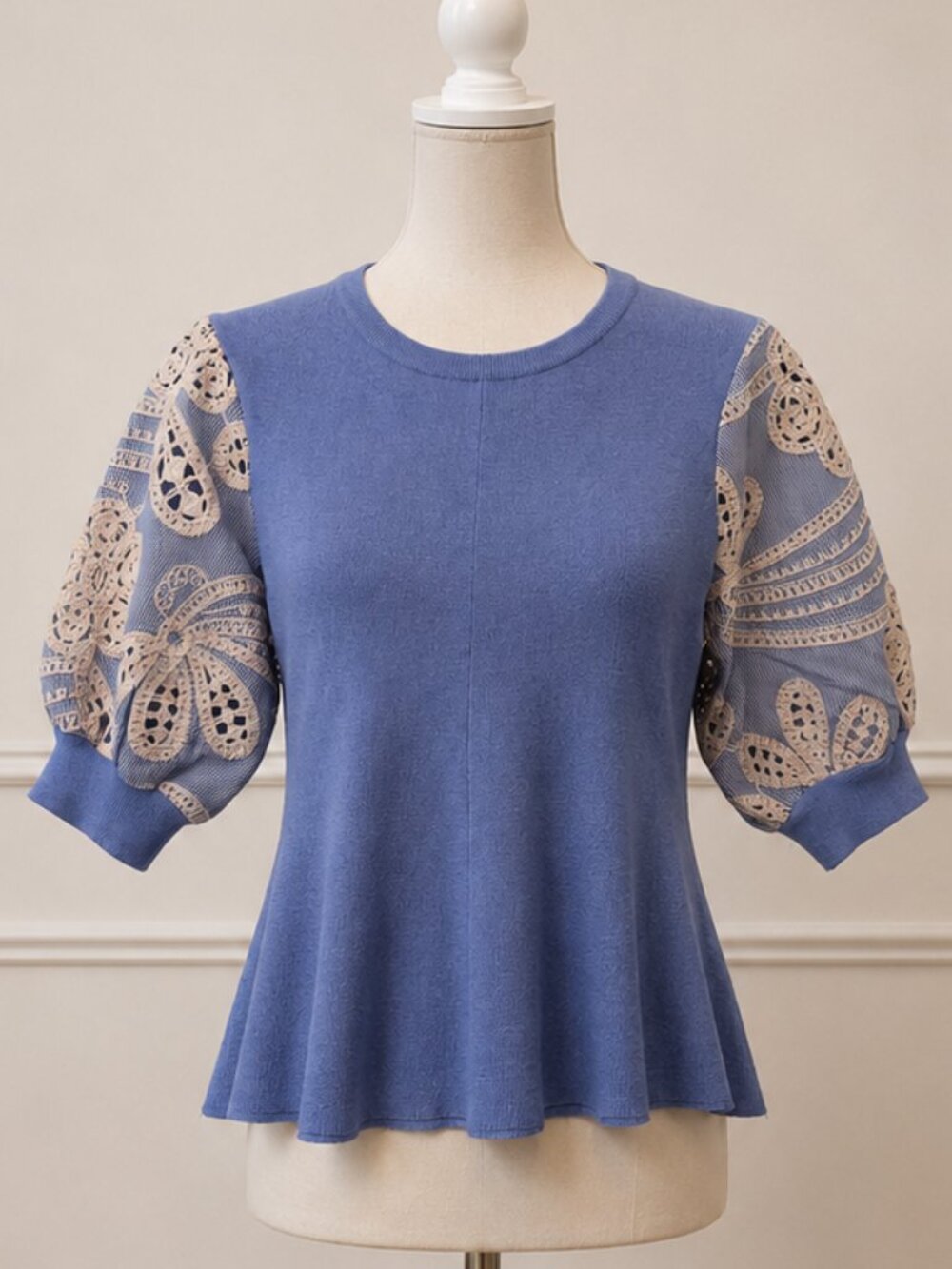 Sioni Lace Puff Sleeve Flared Hem Sweater Top NWOT